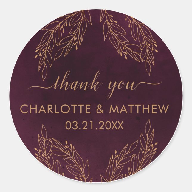 Elegant Burgundy Red And Gold Wedding Thank You Classic Round Sticker (Front)