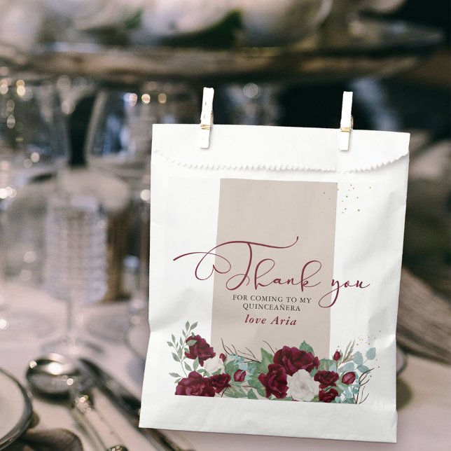 Elegant Burgundy Red and Ivory Roses Thank You Favour Bags (Thank you for coming favor bags with sweet calligraphy and border of burgundy red and ivory roses)