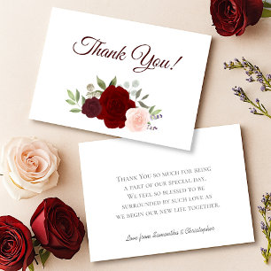 Elegant Burgundy Red & Blush Boho Roses Wedding Thank You Card