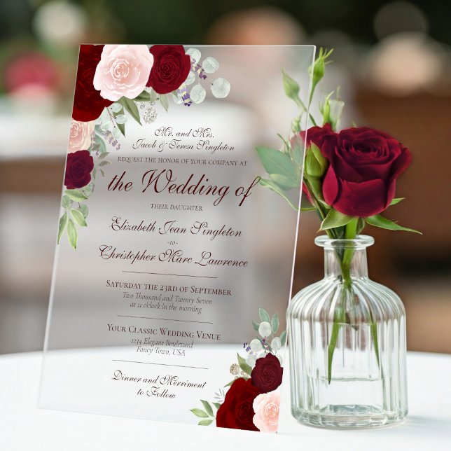 Elegant Burgundy Red & Blush Roses Formal Wedding Acrylic Invitations (Frosted Acrylic with Rectangle Cut)