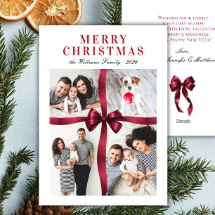 Elegant Burgundy Red Bow 4 Photo Collage Christmas Holiday Card