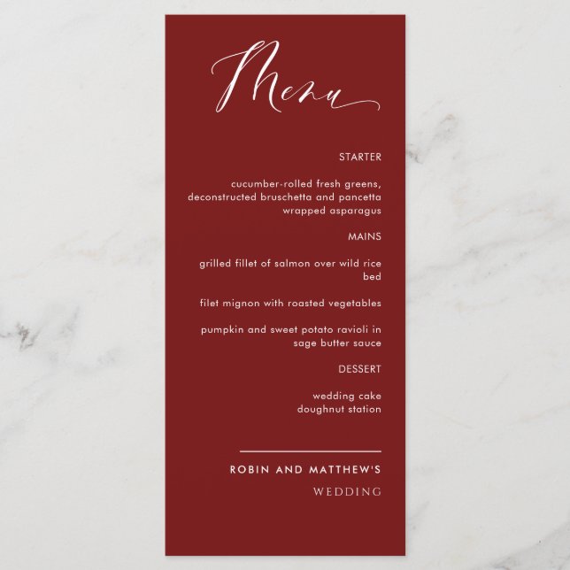 Elegant Burgundy Red Calligraphy Wedding Menu (Front)