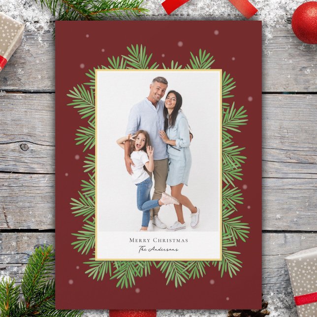 Elegant Burgundy Red Christmas Botanical Photo Holiday Card (Creator Uploaded)