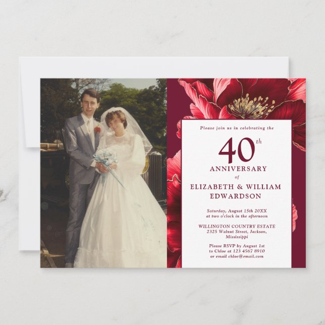 Elegant Burgundy Red Floral 40th Anniversary Photo Invitation (Front)