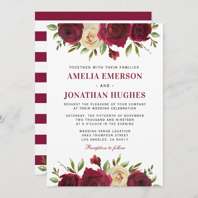 Elegant Burgundy Red Floral Fall Winter Wedding Invitation (Front/Back)