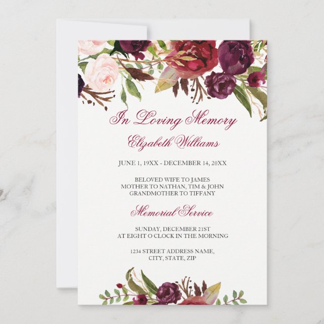 Elegant Burgundy Red Floral Memorial Service Invitation (Front)