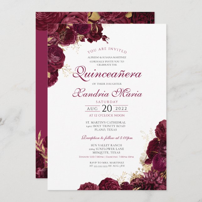 Elegant Burgundy Red Floral Quinceanera Invitation (Front/Back)