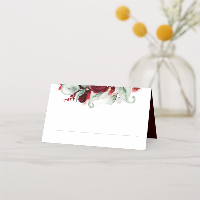 Elegant Burgundy Red Floral Wedding Place Card (Front)