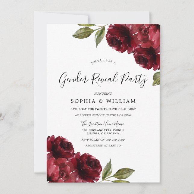 Elegant Burgundy Red Flowers Gender Reveal Party Invitation (Front)