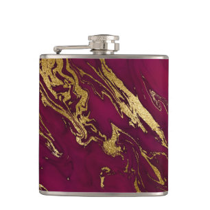 Elegant Burgundy Red Gold Faux Foil Marble Texture Hip Flask