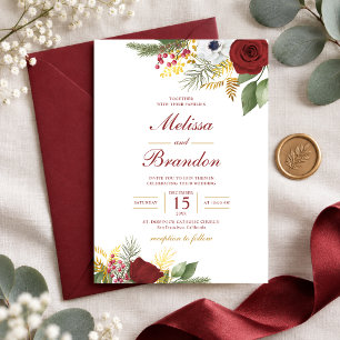 Elegant Burgundy Red & Gold Floral Script Wedding Invitation
