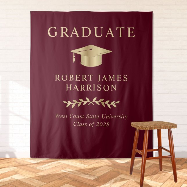Elegant Burgundy Red Gold Graduation Party Welcome Tapestry (Creator Uploaded)