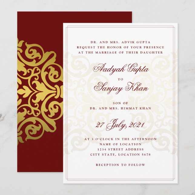 Elegant Burgundy Red Gold Mandala Indian Wedding Invitation (Front/Back)