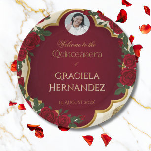 Elegant Burgundy Red & Gold Rose Quinceañera Paper Plate