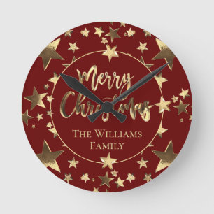 Elegant Burgundy Red Gold Stars Merry Christmas Round Clock