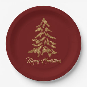 Elegant Burgundy Red Golden Tree Merry Christmas Paper Plate