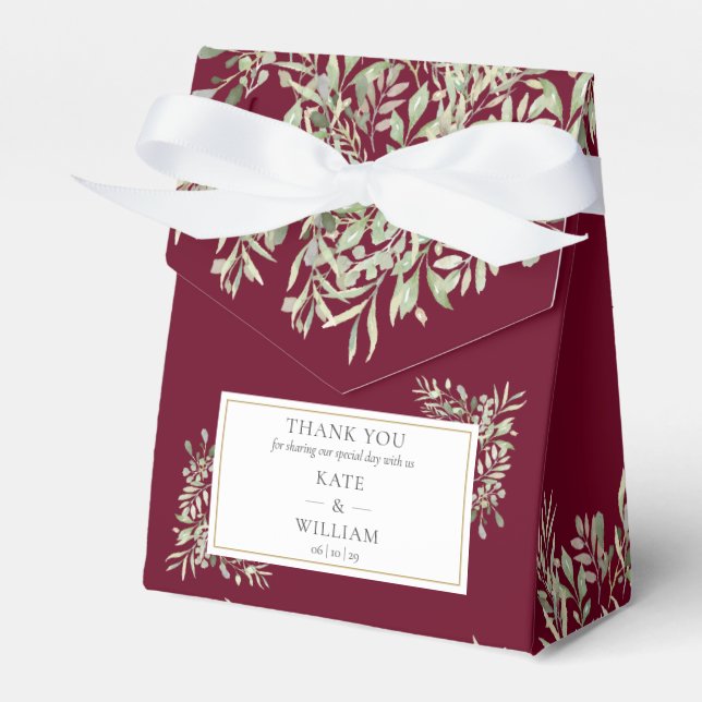 Elegant Burgundy Red Greenery Floral Wedding Favour Box (Front Side)