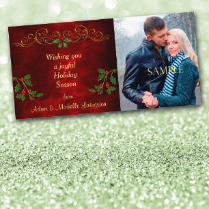 Elegant Burgundy Red Holly Christmas Photo Holiday Card