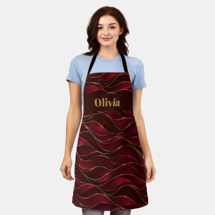 Elegant Burgundy Red Marble Waves with Gold Accent Apron