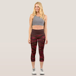 Elegant Burgundy Red Marble Waves with Gold Accent Capri Leggings