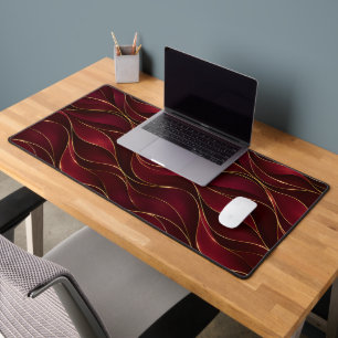 Elegant Burgundy Red Marble Waves with Gold Accent Desk Mat