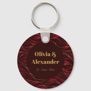 Elegant Burgundy Red Marble Waves with Gold Accent Key Ring