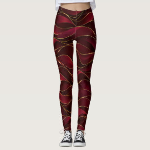 Elegant Burgundy Red Marble Waves with Gold Accent Leggings