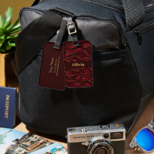 Elegant Burgundy Red Marble Waves with Gold Accent Luggage Tag