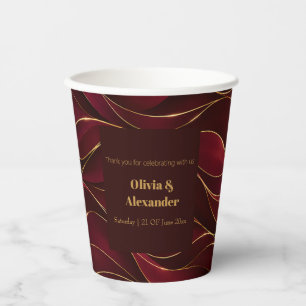 Elegant Burgundy Red Marble Waves with Gold Accent Paper Cups