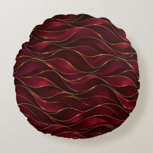 Elegant Burgundy Red Marble Waves with Gold Accent Round Cushion