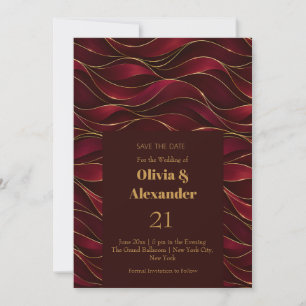 Elegant Burgundy Red Marble Waves with Gold Accent Save The Date