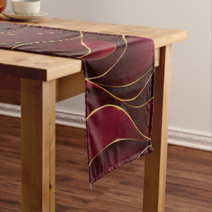 Elegant Burgundy Red Marble Waves with Gold Accent Short Table Runner