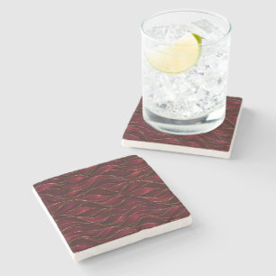 Elegant Burgundy Red Marble Waves with Gold Accent Stone Coaster