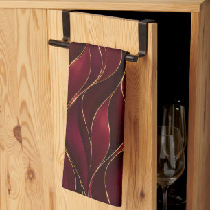 Elegant Burgundy Red Marble Waves with Gold Accent Tea Towel