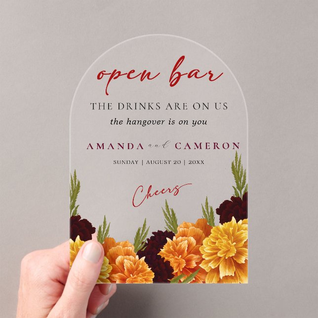 Elegant Burgundy Red  "MARIGOLD" Wedding Open Bar Acrylic Invitations (Insitu (Handheld))