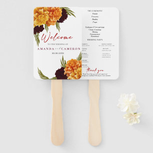 Elegant Burgundy Red "MARIGOLD" Wedding Program Hand Fan