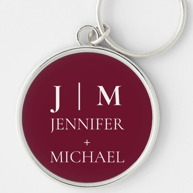 Elegant Burgundy Red Monogram Wedding Key Ring (Front)