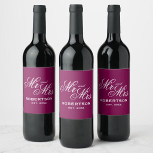 Elegant burgundy red Mr and Mrs custom wedding Wine Label