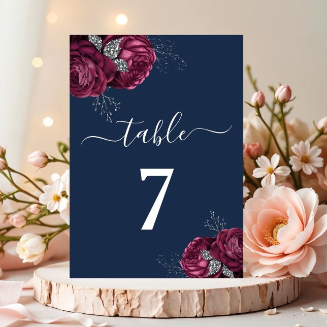Elegant Burgundy Red Navy Blue Floral Peonies Table Number (Elegant Burgundy Red Navy Blue Floral Peonies Table Number)