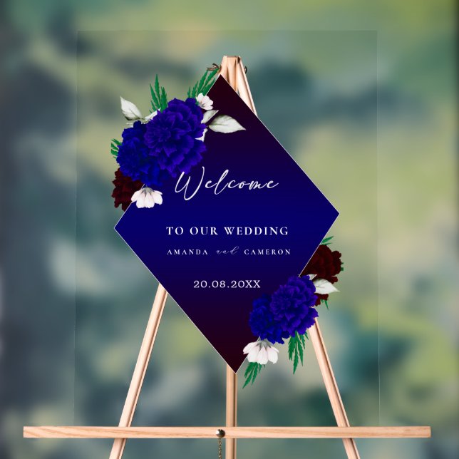 Elegant Burgundy Red Navy Blue "MARIGOLD" Wedding  Acrylic Sign (Neutral)