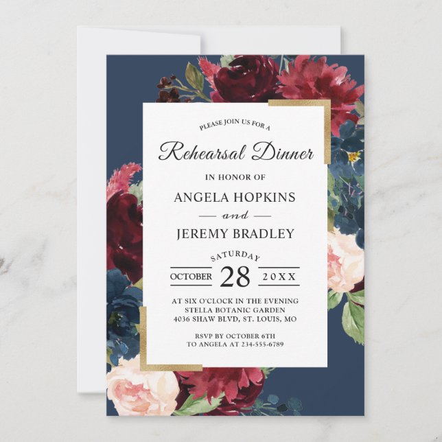 Elegant Burgundy Red Navy Blue Rehearsal Dinner Invitation (Front)
