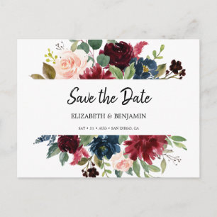 Elegant Burgundy Red  Navy Floral Save The Date Postcard