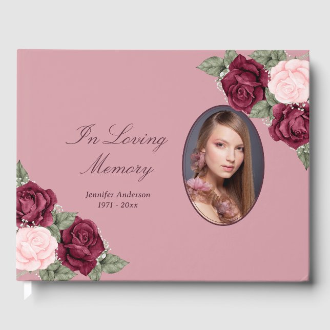 Elegant Burgundy Red Pink Floral Funeral Photo Guest Book (Front)