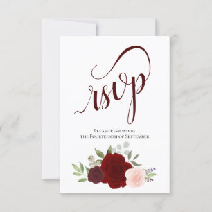 Elegant Burgundy Red & Pink Roses Bouquet Wedding RSVP Card