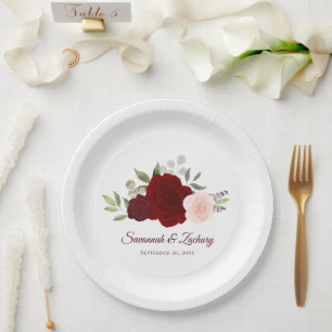 Elegant Burgundy Red & Pink Roses Wedding Paper Plate