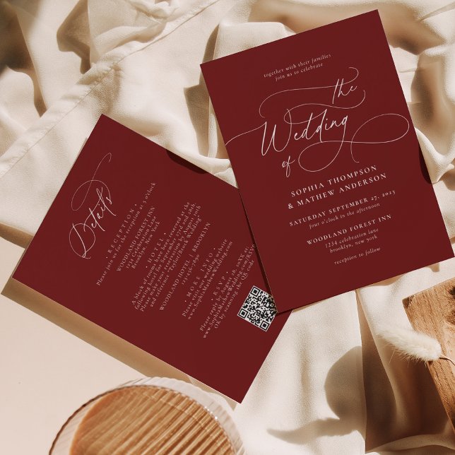 Elegant Burgundy Red QR Code All in one Wedding Invitation (Creator Uploaded)