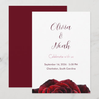 Elegant Burgundy Red Rose Floral Wedding  Invitation