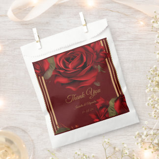 Elegant Burgundy Red Rose & Gold Wedding Favour Bags