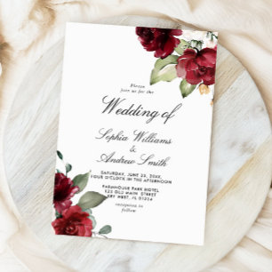 Elegant Burgundy Red Rose Rustic Wood Wedding Invitation