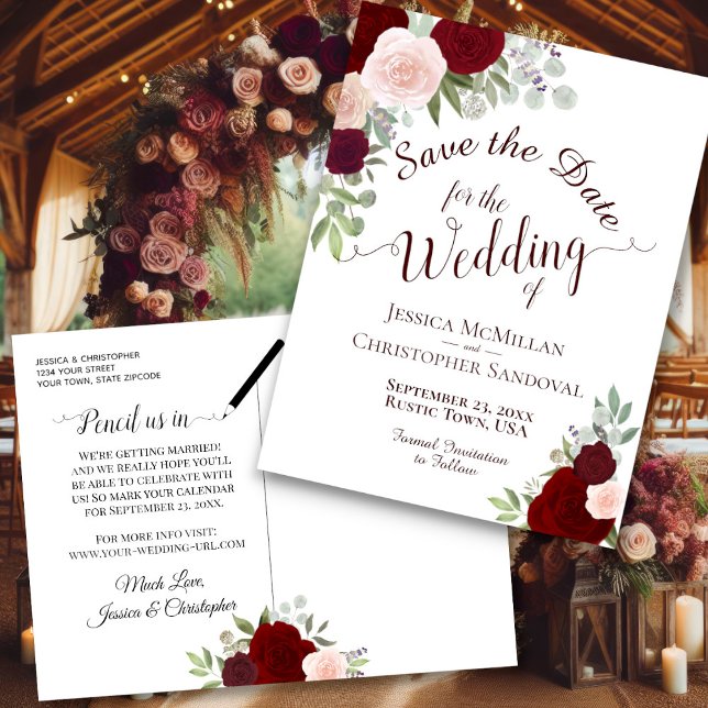 Elegant Burgundy & Red Roses Wedding Save the Date Announcement Postcard (Front/Back)